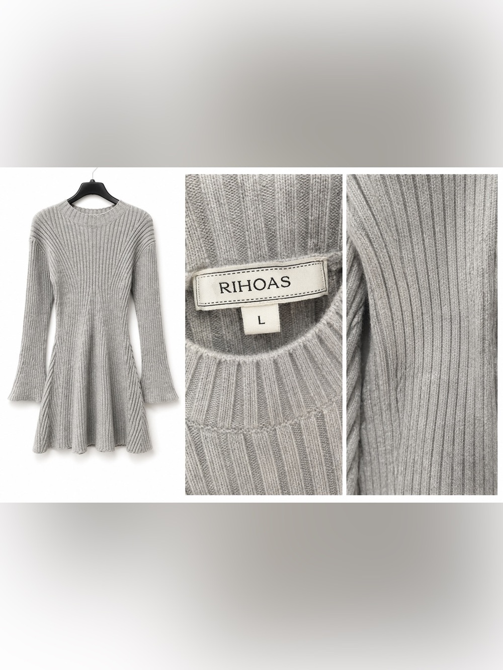 RIHOAS Gray Ribbed Knit Fit & Flare Sweater Dress Size L